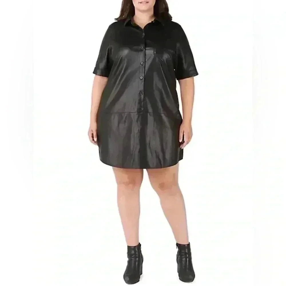 NWT Dex Plus vegan leather trendy stylish black button down shirt dress 3x